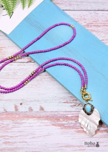 Boho Necklace, Blue Colorful Leaf Shell